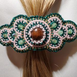 Hand Beaded Circles Barrette: Green & Pink
